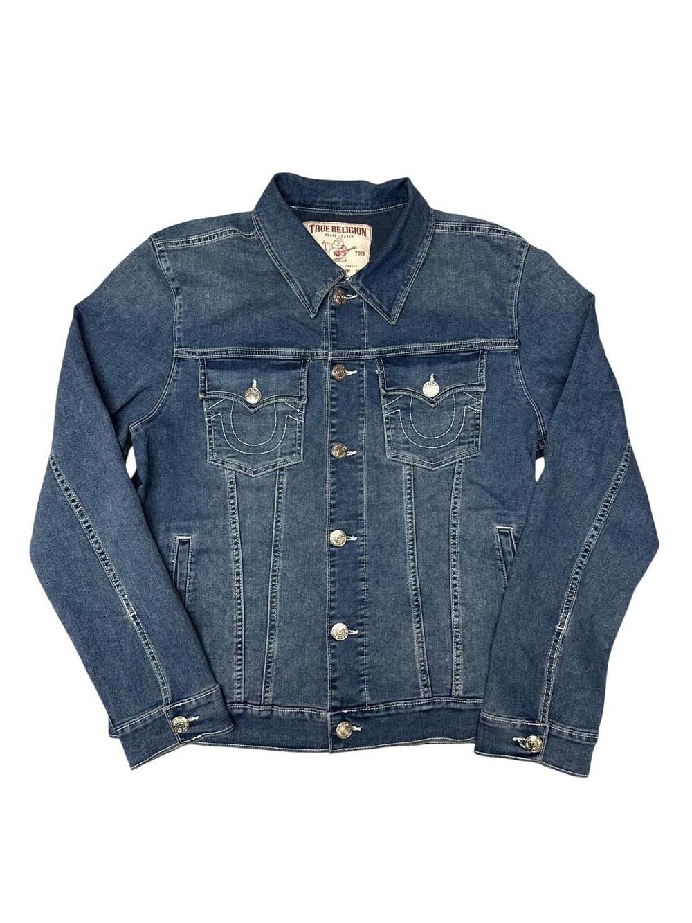 Vintage Y2k True Religion Jacket Mens Large Blue Denim Biker Stretch Pockets